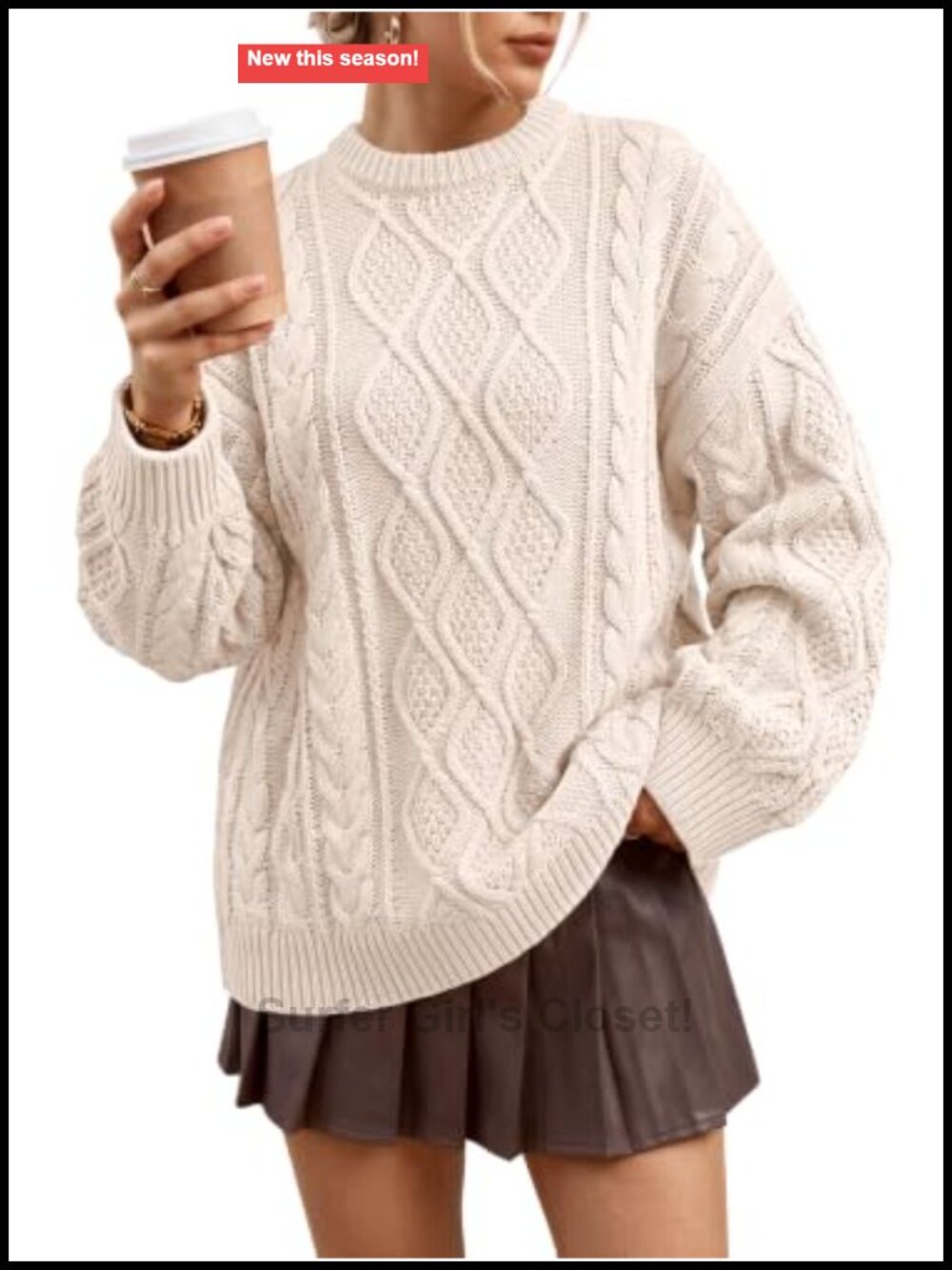 Oversized Cable Knit Cotton Pullover Sweater Crew Neck Long Sleeve